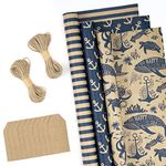 RUSPEPA Wrapping Paper Rolls with Tags, Jute String - 43cm x 3m per Roll, Total of 3 Rolls, Navy Blue