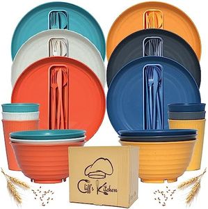 48 Pcs Wheat Straw Dinnerware Sets for 6- Unbreakable Dinnerware Set with Large Plates, Bowl and Cup Set -BPA Free, Lightweight, Microwave Safe Wheat Straw Plates and Bowls Sets, RV Camping Dishes Set