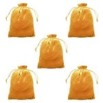 Dulhan DLC set of 5 Velvet Potli Bags for Return Gifts, 9x12 inch Golden color pouch for Wedding gifts, Women Jwellery Handbag