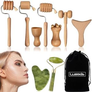 LUSARIS - Kit Maderoterapia Facial + Gua Sha Facial y Rodillo Jade Autentico 9 Piezas - Kit Masajeador Facial Reafirmante - Pack de 9 Masajeadores Faciales Premium con Guasha Facial y Rodillo Facial