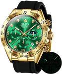 OLEVS Watches for Men Analog Quartz Chronograph Watch Moon Phase Waterproof Black Silicone Diamond Dress Luminous Easy Reader Wrist Watches Gold Green