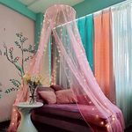 Eimilaly Bed Canopy Mosquito Net with 250pcs Warm White Curtain Lights, Bed Canopy for Girls Room Decor or Theme Party, Pink/Warm White Lights