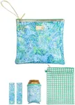 Lilly Pulitzer Water Resistant Vinyl Beach Day Pouch, Zipper Bag Includes Drink Hugger, Small Pouch, and Towel Clips (Dandy Lions)