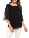 Oyamiki Women Casual Sheer Round Neck Half Bell Sleeve Layered Chiffon Shirt Blouses Tops Black/XXL