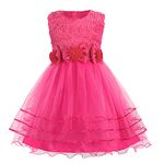 Discoball Girls Princess Dress Rose Flower Bow Tie Party Dress Tulle Wedding Dress Bridesmaid Christening Elegant Formal Dress for Girls (Rose Red)