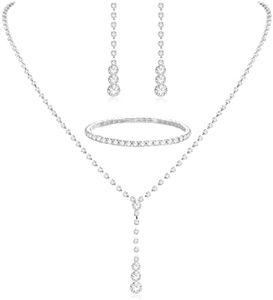 TOEECY Parure Femme Mariage Vintage Cristal Strass Pendantes Collier Goutte d'eau Boucle d'oreille et Bracelet Parure Bijoux (Argent-3)