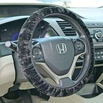 Fuzzy Steering Wheel Cover Elastic Stretch Plush Black Universal Fit 14" - 16" Diameter Wheel - Non-slip Cushion Protector