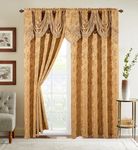 Elegant Comfort Jacquard Look Curtain Panel Set with Attached Waterfall Valance, (Set of 2), 54 x 84 Inches, Leaf Pattern, Gold