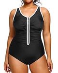 Daci Women One Piece Zipper Swimsuits Plus Size Ruched Tummy Control Bathing Suit Push Up Swimwear, Black, 18 Plus