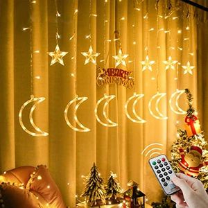 Garlocht Curtain Lights Plug in, 138LED Fairy Lights with 8 Modes, Star and Moon Curtain String Lights, Fairy Lights for Windows, Bedroom, Party, Outdoor/Indoor, Christmas Decorations (Warm White)