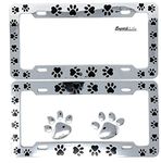 Animal Black Paws Print Design License Plate Frame with Theft-Deterrent caps, Pet Dog Cat, Set of 2 with 2pcs 3D Chrome Dog Paw Footprint Sticker Decal