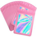 Durimoiy 100 Pcs Resealable Bags Clear Holographic Bags,Smell Proof Packaging Baggies,Mylar Food Storage Bags,Zipper Sealing Bag for Coffee Bean,Jewelry Sample Small Business(Pink,2.7x4in)