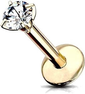 FIFTH CUE 16GA Prong Set Round Clear Gem Top Grade 23 Solid Titanium Internally Threaded Labret Monroe Cartilage Stud (Gold/Clear | 5/16" (8mm) | 3mm)