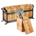 SOUTHGATE Kitchen Utensil Holder with 3 Compartment, Wooden Cutlery Holder with Metal Tray, Multi-functional Utensil Organizer with Handle for Mobility, Cooking Utensil Holder