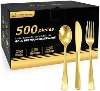 500PCS Premium Heavy Duty Gold Plastic Silverware, 200 Forks, 150 Spoons, 150 Knives, For Parties, Weddings and Baby Shower, BPA-Free, Disposable Plastic Cutlery Dinnerware Utensils Set