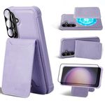 MONASAY Magwallet Case Fit for Samsung Galaxy S24 6.2 inch,[Wireless Charging][Lens & Glass Screen Protector Included] PU Leather Flip Magnetic Phone Cover with Detachable Card Holder,Light Purple