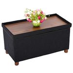 Ao Lei 30 Inches Storage Ottoman Bench, Storage Bench with Wooden Legs for Living Room, Ottoman Foot Rest with Removable Lid for Bedroom, Linen Fabric Footstools, Folding Black Ottoman