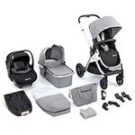 Babymore Memore V2 Travel System 13 Piece Silver - 3-in-1 Pram Travel System, Foldable, Reclining Baby Pushchair, Premium Pecan i-Size Car Seat with ISOFIX Base & Essentials, 0-4 Years | Up to 22 Kg