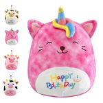 8" Happy Birthday HotPink Unicorn Cat Soft Plush Toy,20cm Birthday Plushies Plush Unicorn Cat Toy for Kids Birthday Plush Pillow Toy,Stuffed Animal Cow Plushies Toys for Girls Boys Birthday Gift