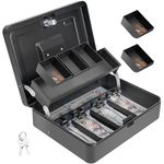 Polspag Cash Box with Key Lock and 2 Keys,Metal Money Box for Cash with Money Tray, Locking Cash Boxes with Handle, Portable Lock Safe Box with 4 Bill/5 Coin Slots, 11.8 x 9.5 x 3.5 Inch, Top Key-Grey