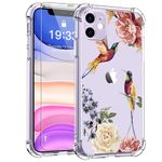 LUXVEER for iPhone 11 Case with Screen Protector - Stylish Elegant Floral Design on Soft Clear TPU - Slim Fit, Protective Cover for Women and Girls - Hummingbirds