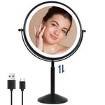 TUSHENGTU 9" Height Adjustable Shaving Mirrors Free Standing, Black 10X Magnifying Mirror Desktop Vanity Mirror, LED Rechargeable Rotation Desk (940B10X)