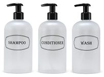 Bottiful Home-Shampoo, Conditioner and Shower Soap Dispensers-16 oz Empty PET Plastic Pump Bottles-Refillable Shower Containers-Black Print-Waterproof, Rust-Free, Clog-Free, Drip-Free (Frosted Clear)