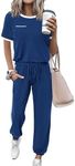 Amkoyam Women's Two Piece Outfits 2024 Summer Short Sleeve Tops With Drawstring Long Pants Tracksuit Jogger Lounge Set, Dark Blue, X-Large