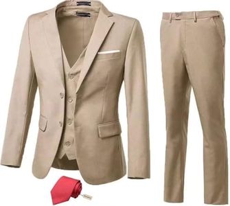 Mrbuerly Men Suit 3 Pieces Slim Fit, 2 Button Wedding Suit Prom Suit for Men Business Suit Jacket Vest Pant and Tie, Beige