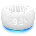 Buffbee Sound Machine & Alarm Clock 2-in-1, 0-100% Clock Face Brightness, Bottom Colored Light, Sleep Timer, Precise 30-Level Volume Control White Noise Machine - White