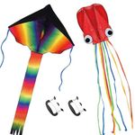 Listenman 2 Pack Kites - Large Rainbow Delta Kite and Red Mollusc Octopus with Long Colorful Tail for Children Outdoor GameActivitiesBeach Trip Great Gift to Kids Childhood Precious Memories