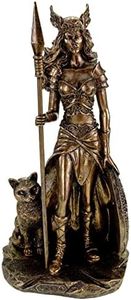 Kremers Schatzkiste Diosa germánica Freya en armadura con lanza y escudo y figura de gato salvaje Odin
