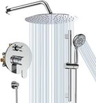 Shower System, SR SUN RISE 3-Function Round Shower Faucet with Adjustable Shower Slide Bar and 6-Setting Handheld Shower Head, 12 Inch Wall Mounted Shower Set with Valve for Bathroom, Polished Chrome
