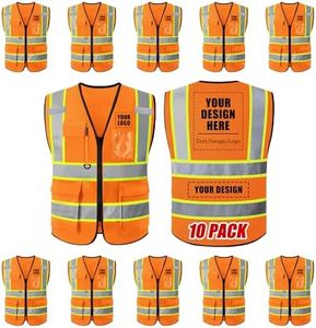 Custom Safety Vest with Logo, High Visibility Reflective Orange Customized Safety Vest with Pockets and Zipper, Personalized Construction Workwear Vest for Men Women