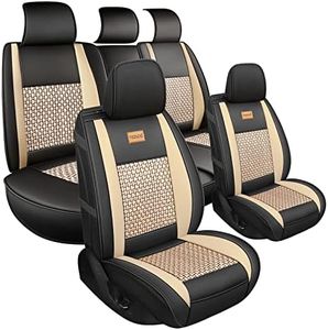 FREESOO Car Seat Cover Leather, Seat Covers Full Set Automotive Seat Protector Universal Fit 5 Seats Year Round Use with Pillows (Khaki Black)