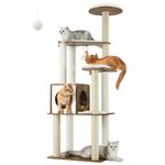 FEANDREA WoodyWonders Cat Tree, 65-Inch Modern Cat Tower for Indoor Cats, Multi-Level Cat Condo with 5 Scratching Posts, Rustic Brown UPCT166X01