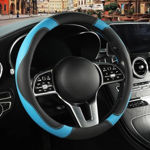 Binsheo Leather Auto Car Steering Wheel Cover Anti-Slip Heavy Duty, Elegant, Non-tonix, Universal 15 Inch, Black&Blue