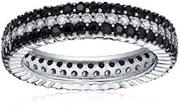 Pave Cubic Zirconia Two Tone 3 Row Stripe AAA CZ Statement Black & White Wedding Eternity Band Ring for Women .925 Sterling Silver