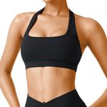HAWILAND Women's Sports Bra Halter Neck Bralette Crop Top Bra Padded Activewear Bras Without Underwire Vest for Workout Black, S