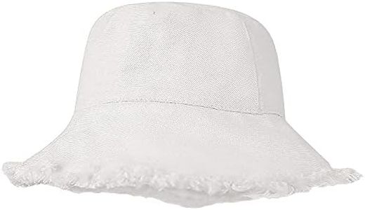 Frayed-Edge-Bucket-Hat Distressed-Bucket-Hat-for-Women Men Teens Girls- Floppy Wide-Brim Beach-Sun-Hat, White, Medium-Large