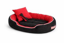 MUDDY PAWS Premium Reversible Oval Dog Bed – XXXL – Washable Anti-Skid Pet Bed with Toy Pillows, Soft Polyester Dog Cushion – Red & Black (106L x 81W x 22H Cm)
