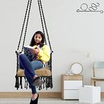 Patiofy Adults, Kid's Premium Cotton C-Swing Hanging Chair With Golden Color Cushion And Accessories - Black, 84 Cm, 51 Cm, 2.5 Cm