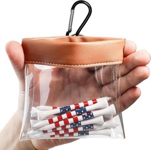 FINGER TEN Transparent Golf Tee and Ball Bag Valuables Pouch with Clip Squeeze Top Golf Tee Holder Including Wood Bamboo Tees (1 Pack in Brown)