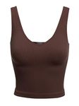 Design by Olivia Women's Four-Way Stretch V-Neck Ribbed Seamless Crop Top -Made in USA, Chocolate, One Size