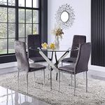 GOLDFAN Round Glass Dining Table Set for 4,5 Piece Kitchen Table and Velvet Chairs with Chromed Legs, 35.5 Inches Dining Table Set,Grey