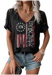 American Flag Cut Out Cold Shoulder T Shirt Women 4th of July Lacerated Sleeve Blouse USA Patriotic Graphic Rock Tee Top, Black-1 Cut, X-Large