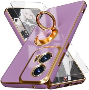 for Moto G Stylus 5G 2024 Case,with Screen Protector, Built-in 360° Rotation Ring Magnetic Kickstand, Plating Gold Edge Soft TPU Shockproof Protective Case for Motorola Moto G Stylus 5G 2024 (Purple)