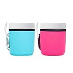 kwmobile Ice Cream Pint Sleeves (Set of 2) - Neoprene Sleeve with Spoon Holder - Cover Insulator to Keep Cold Off Hands - Dark Pink/Light Blue