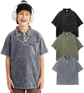 Yimoon Boys Polo Shirt Kids Oversized T Shirts Cotton Acid Wash Golf Shirts with Chest Pocket(BlackGreyArmy-11-12Y)
