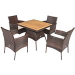 DORTALA 5-Piece Patio Dining Set, Acacia Wood & Rattan Furniture Set with Umbrella Hole Table, 4 Cushioned Armrest Chairs, Wicker Conversation Set for Backyard Garden Porch